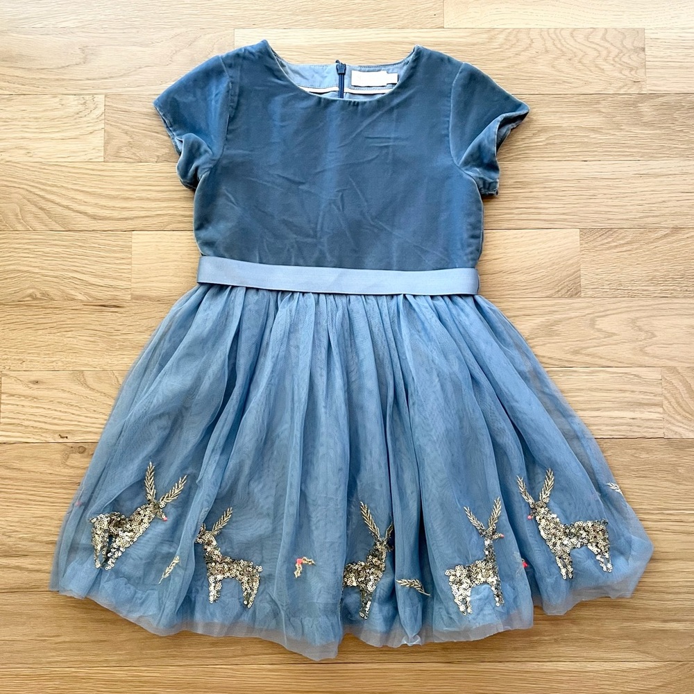 Mini Boden Holiday Dusty Blue Velvet Tulle Reindeer Dress 8/9 Y